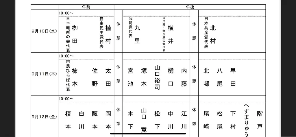 奈良市議会 2025年9月議会 質問日程表 -- 奈良市議会 9月定例会 質問日程表(最終日に登壇予定)