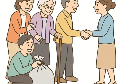 地域の住民が協力して高齢者を支える様子を描いたイラスト。支え合いによる生活支援を表現しています。