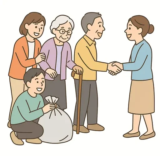 地域の住民が協力して高齢者を支える様子を描いたイラスト。支え合いによる生活支援を表現しています。