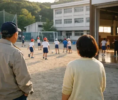 校庭や体育館で 子どもが活動しているのを 少し離れて見守る大人